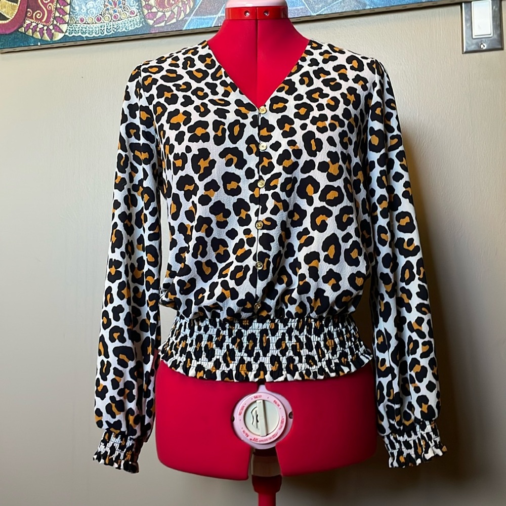 Michael Kors leopard print blouse with gathered elastic waist and cuffs